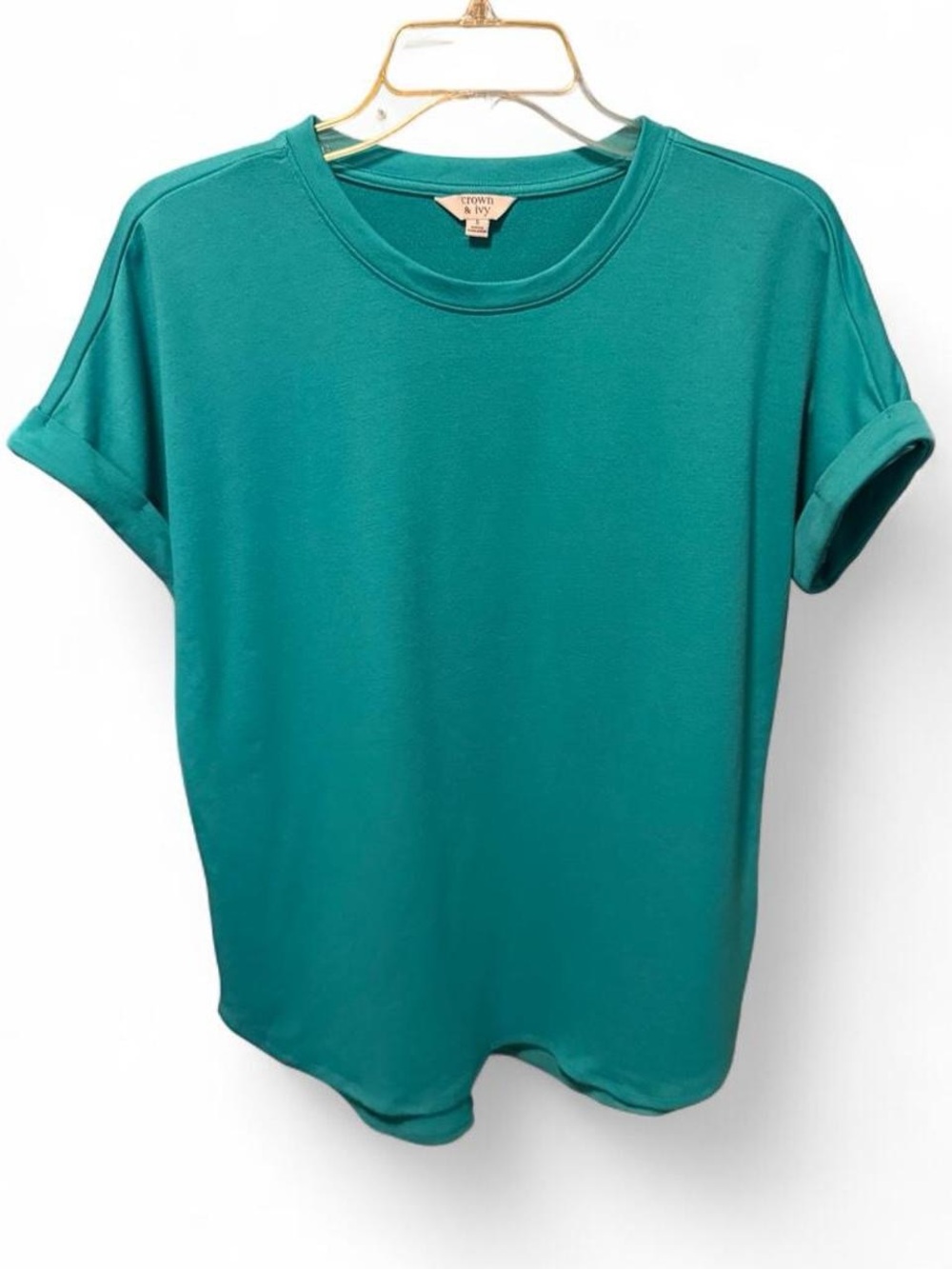 crown & ivy Teal Rolled Short Sleeve Crewneck Top